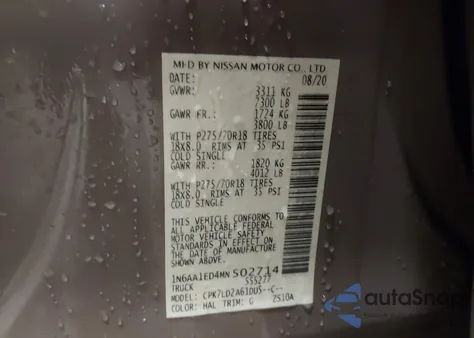 2021 Nissan Titan Pro-4X 4X4 from USA, damaged, VIN 1N6AA1ED4MN502714